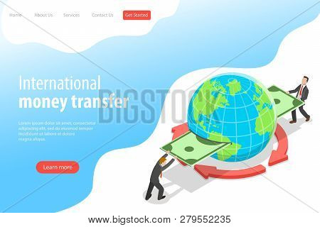 Isometric Flat Vector Landing Page Template Of International Money Transfer.