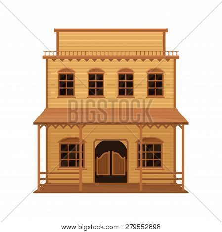 Large Wester House With Wood Swinging Doors And Porch. Historical Building. Old Wild West Saloon. Fl