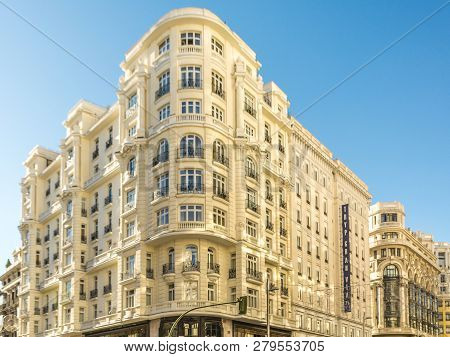 Building Of The Gran Via De Madrid Corner With Montera Street