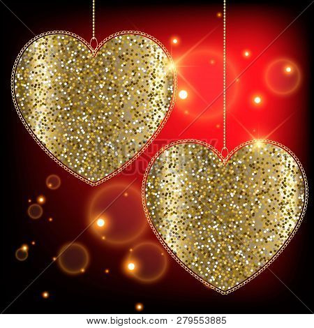 Gold Glittery Two Love Hearts With Lace Frames . Red Glowing Shiny Love Background.  Vector Illustra