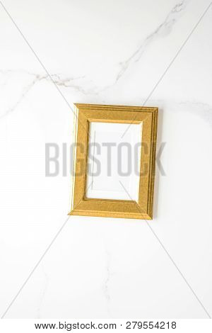 Golden Photo Frame On Marble, Flatlay Mockup - Decor And Mockup Flatlay Concept