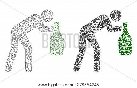 Mesh Vector Drunk Man With Flat Mosaic Icon Isolated On A White Background. Abstract Lines, Triangle