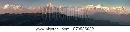 Evening, Sunset View Of Mount Annapurna And Machhapuchhre Or Machhapuchhare, Nepal Himalayas Mountai