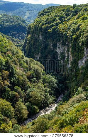 Beautiful View Of The Hiking Trail Leading To The National Park And Famous Sights Of Georgia Okatse 