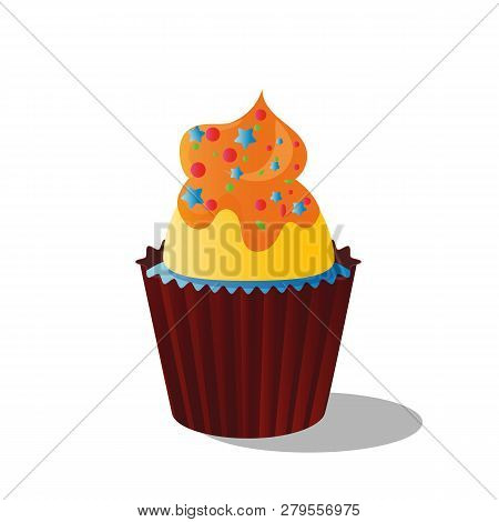 Vector Drawing Colorful Cupcake Of A Decorated With Decor, Cream And Chocolate, On White Background