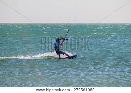 Cabo De La Vela, Colombia - August 23, 2015: Kitesurfer In A Sea Near Village Cabo De La Vela Locate