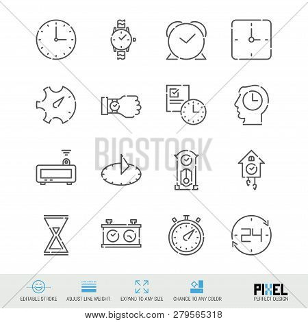 Vector Line Icon Set. Time Related Linear Icons. Clock Symbols, Pictograms, Signs. Pixel Perfect Des