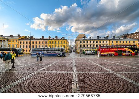 Helsinki, Finland - September 10 2018: Tour Busses Line Up At The Senate Square In Helsinki Finland 