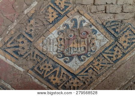 Decorated Wall At Archeological Site Huaca Del Sol Y De La Luna Temple Of The Sun And The Moon In Tr