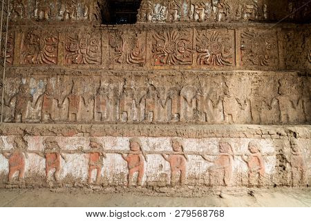 Detail Of A Decoration At Archeological Site Huaca Del Sol Y De La Luna Temple Of The Sun And The Mo