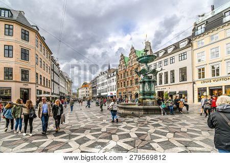 Copenhagen, Denmark - September 10 2018: Tourists Wander The Stroget Shopping District Near The Stor