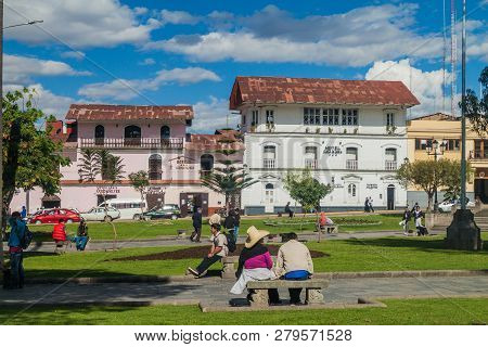 Cajamarca, Peru - June 8, 2015: Plaza De Armas Square In Cajamarca, Peru.