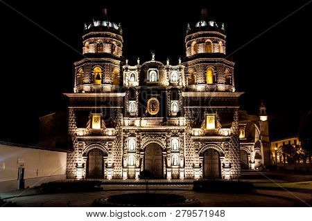 Night View Of A Cathedral In Cajamarca, Peru.