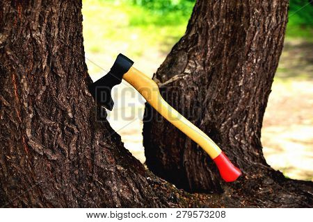 A Beautiful-shaped Ax Sticks Out In A Tree, With A Yellow Handle Close-up, On A Natural Background