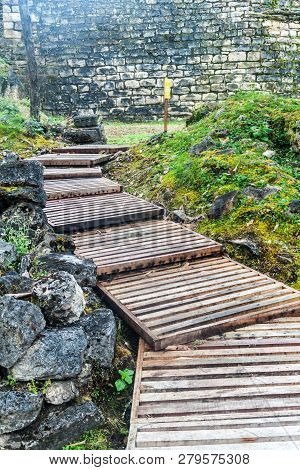 Visitor Path In Kuelap, Ruined Citadel City Of Chachapoyas Cloud Forest Culture In Mountains Of Nort