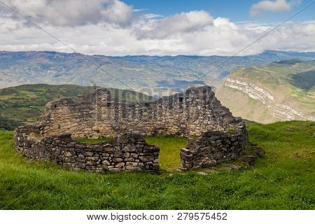 Remnants Of A Round House In Kuelap, Ruined Citadel City Of Chachapoyas Cloud Forest Culture In Moun