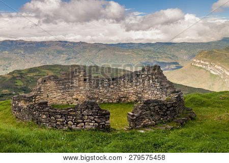 Remnants Of A Round House In Kuelap, Ruined Citadel City Of Chachapoyas Cloud Forest Culture In Moun