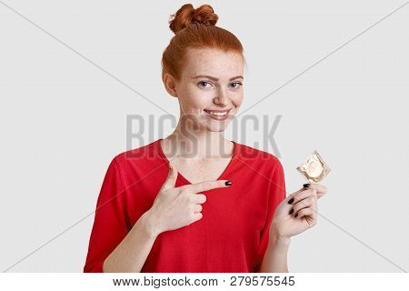 Positive Foxy European Woman With Freckled Skin, Points At Condom, Prevents Herself As Leads Sexual 