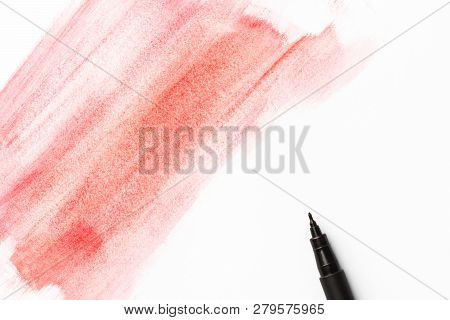 Red Pink Crimson Watercolor Paintbrush Long Strokes On White Paper Background. Black Pigment Finelin