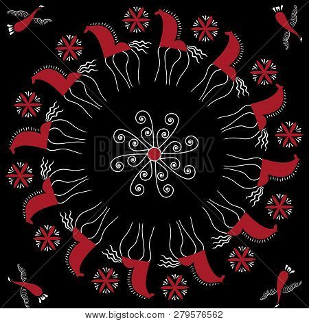 Set With Decorative Elements Of Cosmogonic Traditional Folk Art Of Northern Region Of Russia. Mezens