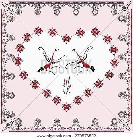 Set With Decorative Elements Of Cosmogonic Traditional Folk Art Of Northern Region Of Russia. Mezens