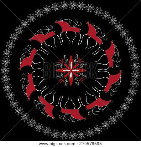 Set With Decorative Elements Of Cosmogonic Traditional Folk Art Of Northern Region Of Russia. Mezens