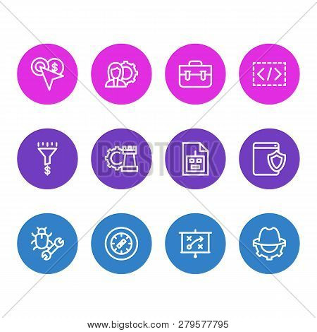 Vector Illustration Of 12 Advertising Icons Line Style. Editable Set Of Link Wheel, Robot Txt, Portf