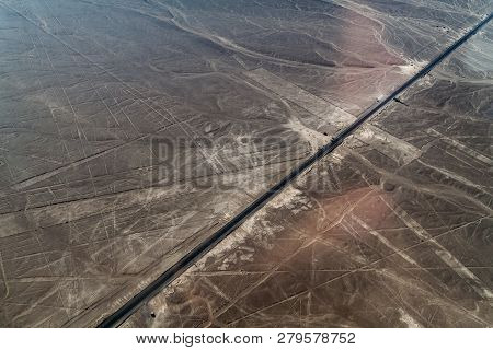 Aerial View Panamericana Highway Crossing The Geoglyphs Near Nazca - Famous Nazca Lines, Peru. On Th