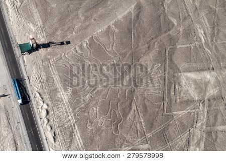 Aerial View Of Geoglyphs Near Nazca - Famous Nazca Lines, Peru. In The Center, Tree Figure Is Presen