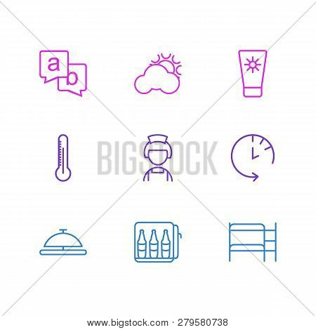 Vector Illustration Of 9 Travel Icons Line Style. Editable Set Of Minibar, Sunscreen, Reception And 