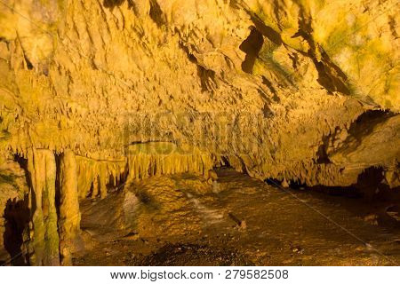 Impressive Formations Of The Stalactites And Stalagmites In Dirou Cave. Greek Destination .natural B