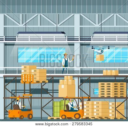 Manufacturing Modern Warehouse Technology Process. Industrial Production. Flying Drone Transportatio