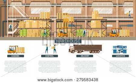 Warehouse And Distribution Service For Banner. Indoor Storage Interior. Inside Factory Working Proce
