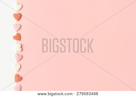 Border From Heart Sugar Candies On Duotone Pink White Background. Valentine Mother's Day Charity. Gr