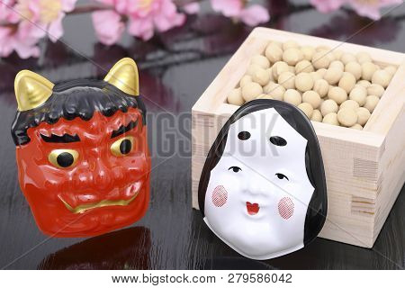 Japanese Traditional Event, Soybeans And Mask Of Demon Are Used On An Annual Event /setsubun.