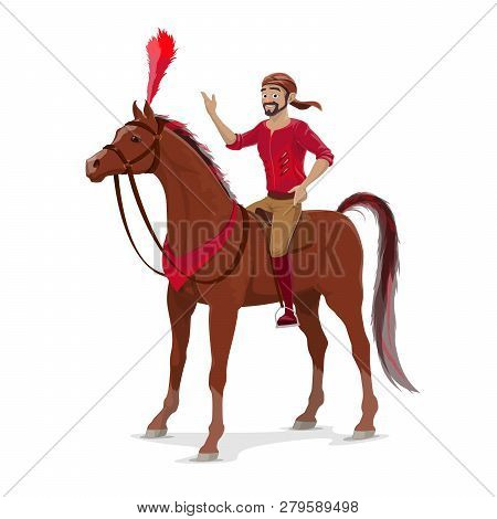 Rider From Circus On Trained Horse, Equestrian Sport, Vector. Acrobat Bearded Man On Horseback, Anim