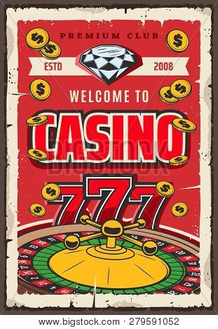 Gambling In Roulette And Slot Machine Retro Vector. Diamond Or Brilliant And Golden Coins Win. Money