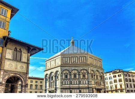 Baptistry Saint John Facade Replicas Ghiberti Bronze Doors Cathedral Church Florence Italy.  Bapistr