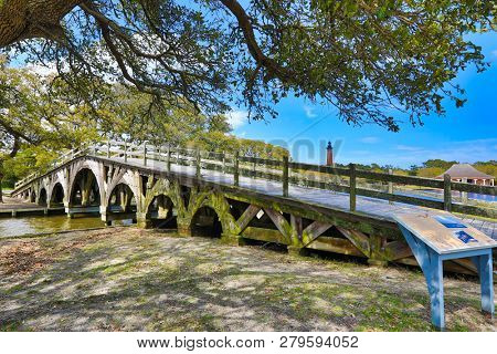 The footbridge in Heritage Park in Corolla on the Outer Banks in North Carolina is a historic landmark.  It connects the walkway to the Whalehead Club.  Currituck is on the sound.