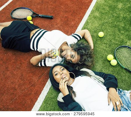 Young Pretty Girlfriends Hanging On Tennis Court, Fashion Stylish Dressed Swag, Best Friends Happy S