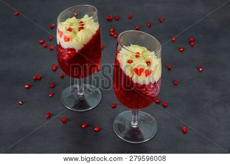 Tasty Panakota With Jelly And Pomegranate Red Heart Valentines Day