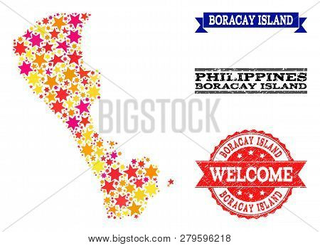 Mosaic Map Of Boracay Island Formed With Colored Flat Stars, And Grunge Textured Stamps, Isolated On