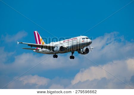 Zurich, Switzerland - July 19, 2018: Germanwings airlines airplane preparing for landing at day time in international airport