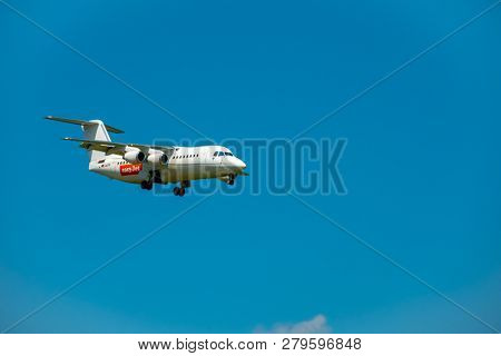 Zurich, Switzerland - July 19, 2018: EasyJet Airline Company airplane preparing for landing. EasyJet Airline Company Limited is a British low-cost carrier airline headquartered at London Luton Airport