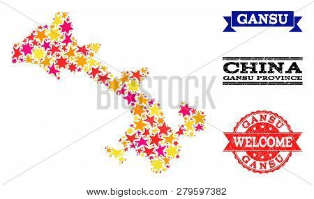 Mosaic Map Of Gansu Province Created With Colored Flat Stars, And Grunge Textured Stamps, Isolated O