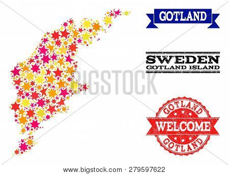 Mosaic Map Of Gotland Island Created With Colored Flat Stars, And Grunge Textured Stamps, Isolated O