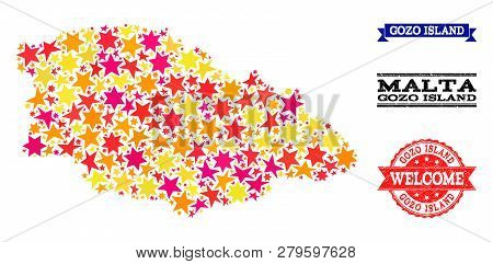 Mosaic Map Of Gozo Island Designed With Colored Flat Stars, And Grunge Textured Stamps, Isolated On 