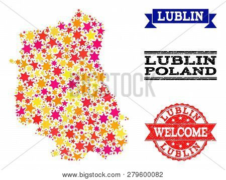 Mosaic Map Of Lublin Province Designed With Colored Flat Stars, And Grunge Textured Stamps, Isolated