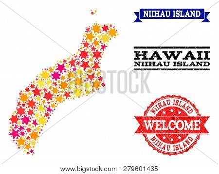 Mosaic Map Of Niihau Island Created With Colored Flat Stars, And Grunge Textured Stamps, Isolated On