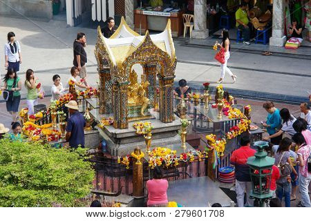 Bangkok / Thailand - MARCH 22, 2009: The Erawan Shrine and the Brahma statue in central Bangkok

